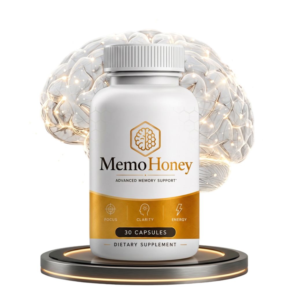 MemoHoney memory supplement bottle with brain illustration for memory, focus, and mental clarity support