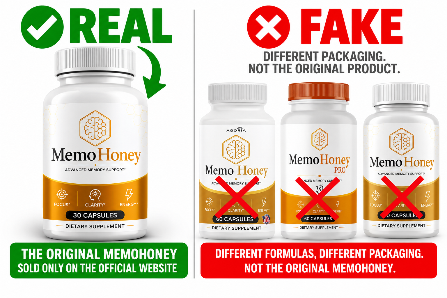 Original MemoHoney bottle compared with fake versions showing differences in labels, packaging, and bottle design